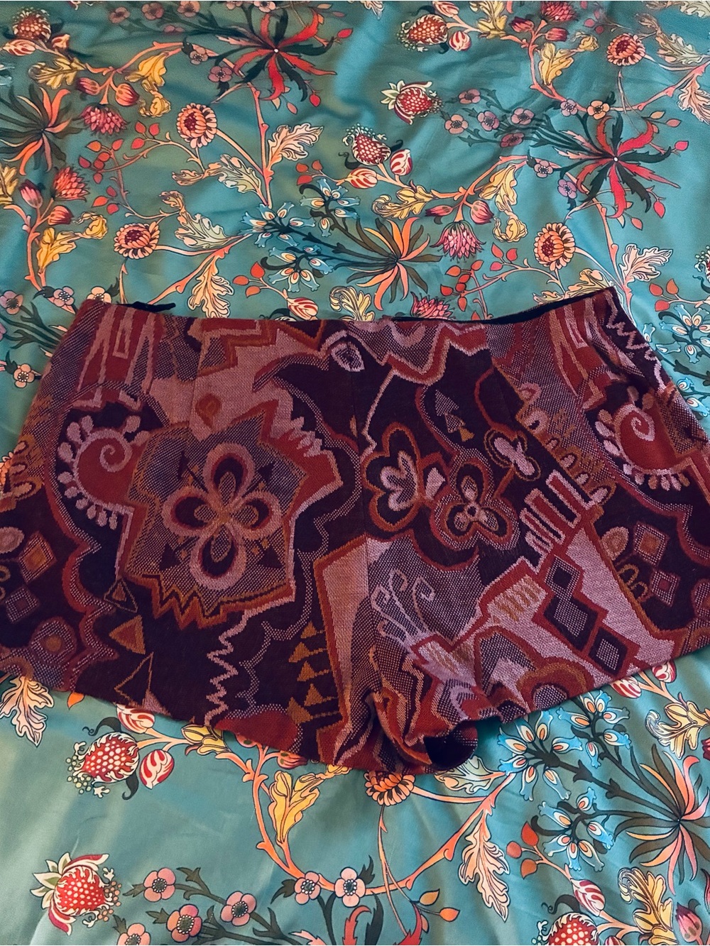 Vintage Abstract Pattern Short Shorts in Burgundy and Plum Tones